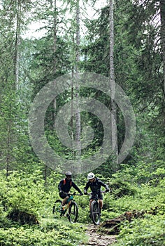 Cycling outdoor adventure in alpine forest at the lago di braies, Dolomites, Italy