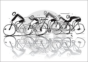 Cycling race in the rain, line art stylized cartoon.