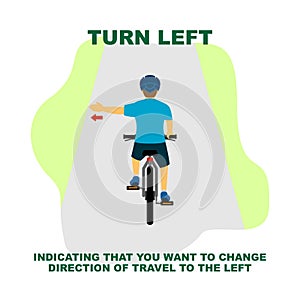 Cycling rules for traffic safety, turn left bicycle hand signals. photo