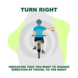 Cycling rules for traffic safety, turn right bicycle hand signals.