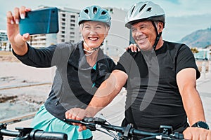 Cycling, smile and phone with old couple and selfie for social media, workout and health training. Wellness, internet