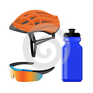 Cycling sportswear helmet, plastic drinking bottle, protective modern sunglasses