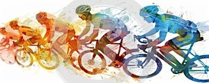 Cycling teamwork in action: vivid watercolor painting of cyclists in a race, showcasing speed and cooperation
