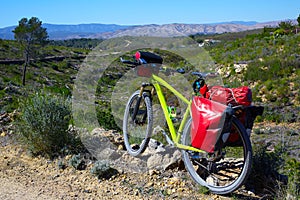 Cycling tourism MTB bike in Pedralba Valencia with panniers