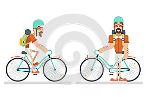 Cycling Travel Geek Hipster Lifestyle Ride Bicycle Concept Planning Summer Vacation Tourism Journey Symbol Man Bike Flat