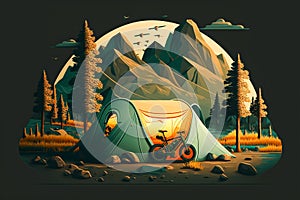 cycling trip with a tent in forest, velo bag packing illustration Generative AI photo