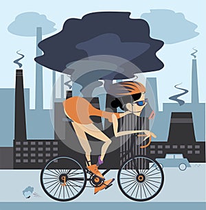 Cycling woman in the protective mask on industrial factory background