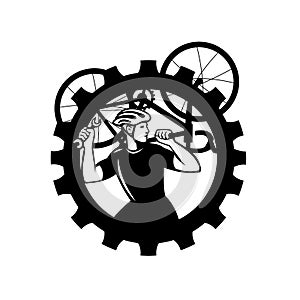 Cyclist Bicycle Mechanic Carrying Bike Sprocket Black and White