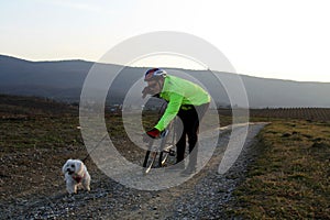 Cyclist calling his small dog to come closer