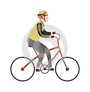 Cyclist cartoon character. Happy man riding bicycle in special clothes, outdoor leisure activity vector concept