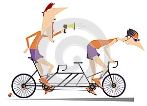 Cyclist and coach rides a tandem bike isolated