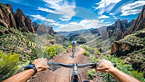 Cyclist conquering mountainous road with unique landscape view, showcasing deep ravines