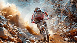 Cyclist conquers challenging mountain trail.