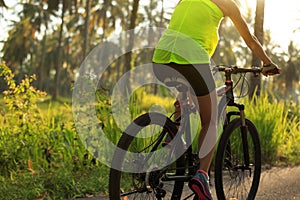 Cyclist cycling mountain bike on tropical forest