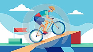 The cyclist dodges obstacles and jumps over ramps in a virtual skatepark feeling the excitement and adrenaline of the photo