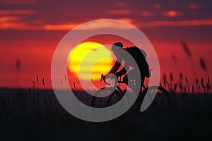 Cyclist fixes bike against a breathtaking sunset