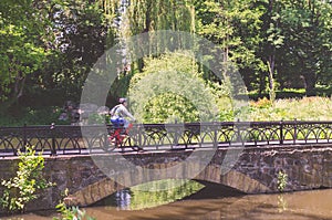 Cyclist in helmet riding in park on bridge