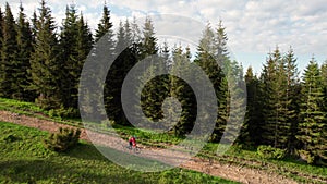 Cyclist man riding electric mountain bike outdoors along grassy trail in the mountains.