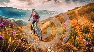 Cyclist on mountain trail, person riding sports bike in summer