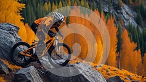 cyclist in orange riding the mountain bike on the autumn rocky trail
