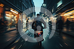 Cyclist pedaling along a bustling city street, AI-generated.