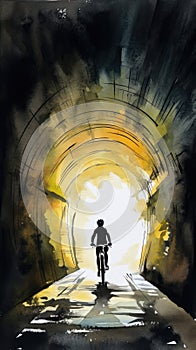 Cyclist Pedaling Through Illuminated Tunnel Watercolor Painting for Posters and Web.