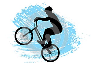 Cyclist performs stunt  front pull on bicycle. Silhouette of man and bike. Brush stroke. Vector illustration