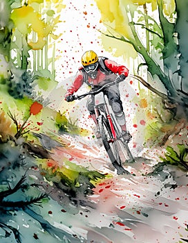 A cyclist powers through a vibrant forest, colors blur in motion, capturing the essence of speed and agility photo