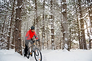 Cyclist in Red Riding Mountain Bike in Beautiful Winter Forest. Adventure, Sport and Enduro Cycling Concept.