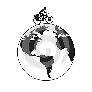 Cyclist ride touring bike on earth globe