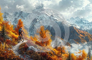 Cyclist rides along mountain path in the autumn forest biker is riding bicycle along the winding mountain