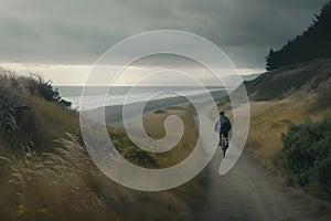 A cyclist rides along the road against the backdrop of the sea coast