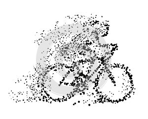 A cyclist rides a bicycle particle divergent silhouette. Vector on white background