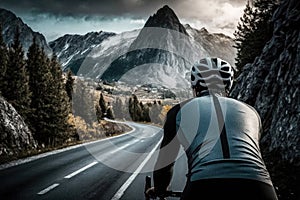 A cyclist rides a bike along the Alpine road. Generative ai