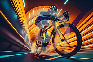 The cyclist rides on his bike at synthwave background. Neural network AI generated