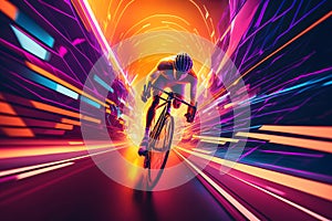 The cyclist rides on his bike at synthwave background. Neural network AI generated