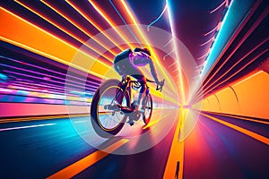 The cyclist rides on his bike at synthwave background. Neural network AI generated