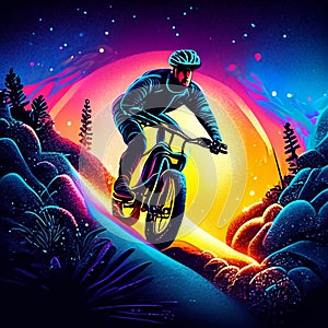 Cyclist rides a mountain bike through the mountains. Vector illustration. AI Generated