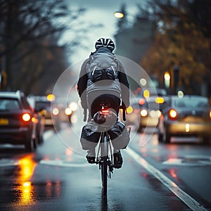 Cyclist rides on road carriageway, sharing path with passing cars