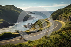 Cyclist riding a bicycle along the ocean coast on sunny summer evening