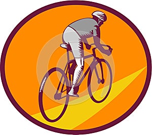 Cyclist Riding Bicycle Cycling Oval Woodcut