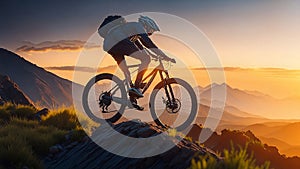 cyclist riding the bike on autumn rocky trail at sunset. extreme sport and enduro biking concept
