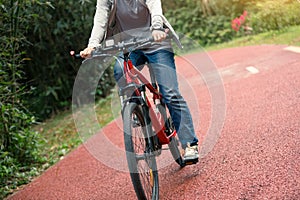 Cyclist riding bike on forest trail