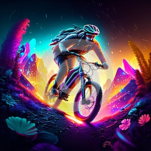 Cyclist Riding a Mountain Bike in the Night. 3D Render Generative AI