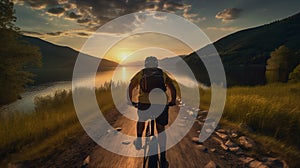 cyclist riding mountain bike on rocky trail at sunrise. cyclists, they cycle through rural and forest roads. Cinematic shot of