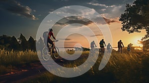 cyclist riding mountain bike on rocky trail at sunrise. cyclists, they cycle through rural and forest roads. Cinematic shot of