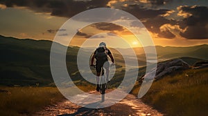 cyclist riding mountain bike on rocky trail at sunrise. cyclists, they cycle through rural and forest roads. Cinematic shot of
