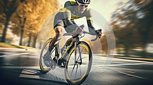 cyclist riding mountain bike on rocky trail at sunrise. cyclists, they cycle through rural and forest roads. Cinematic shot of