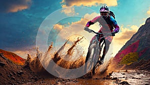 Cyclist Riding the Mountain Bike on the Rocky Trail at Sunset