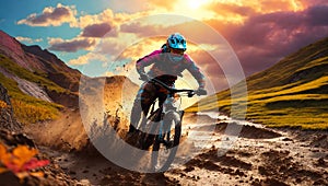 Cyclist Riding the Mountain Bike on the Rocky Trail at Sunset